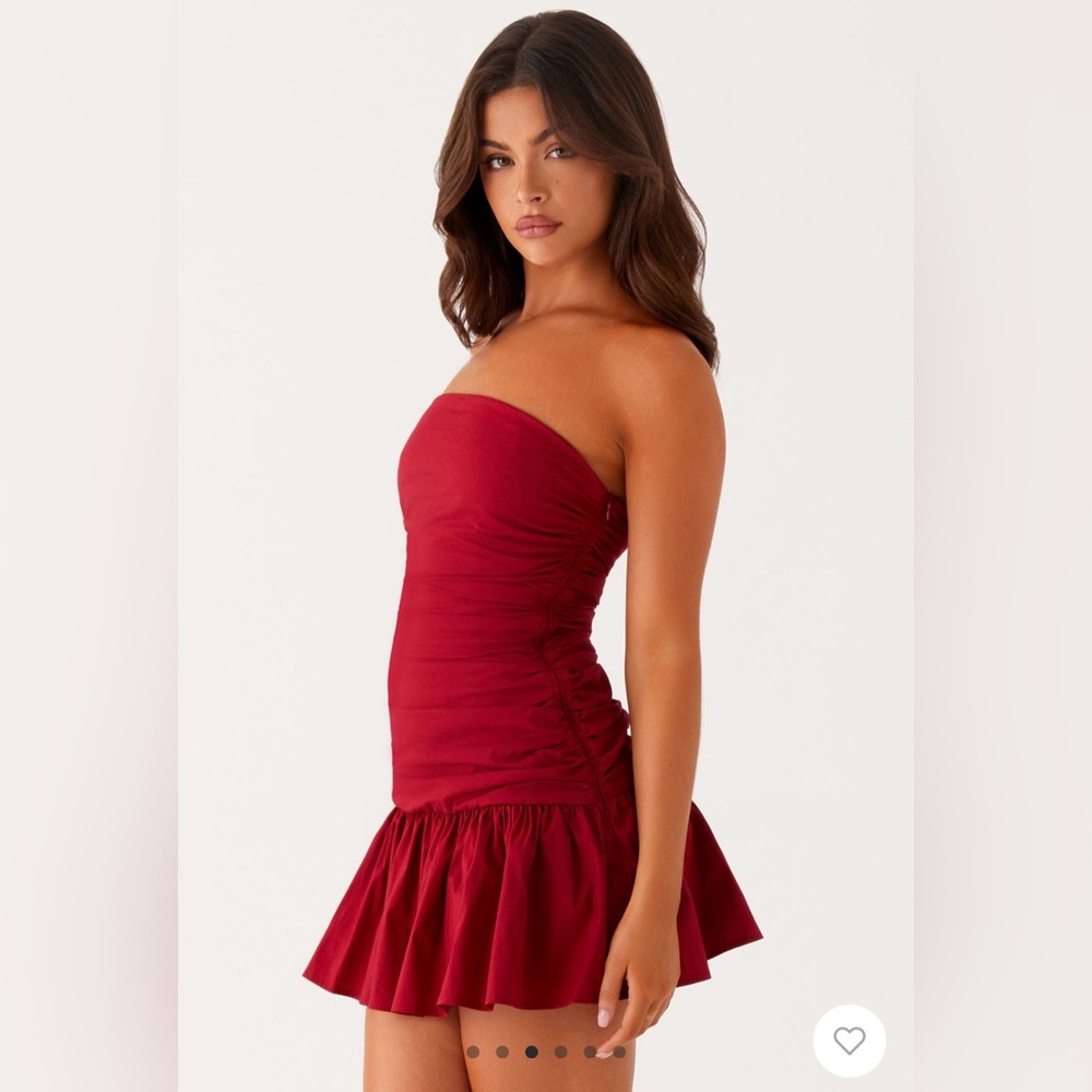 Peppermayo Strapless Ruched Mini Dress in Deep Red - Picture 3 of 5
